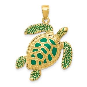 14k Yellow Gold 3-D Enameled Sea Turtle Necklace Charm Pendant
